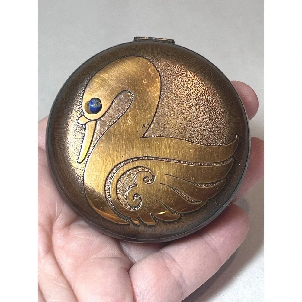 Vintage Modernist Taller‎ Origen Chile Round Brass Swan Lapis Box Signed Trinket